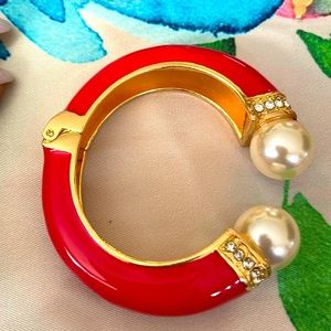 Red sassy Jones Cuff pearls at the opening crystals gold trimmed open cuff